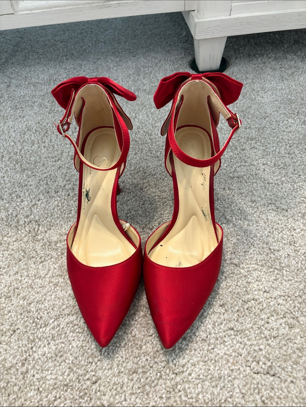 Jessica Simpson Red Satin Pointed-Toe Bow Ankle-Strap Heels